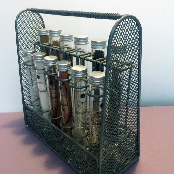 Unusual Cool Kitchen Spice Rack Test Tube Glass cylinder bottles Wire Mesh - Picture 2 of 4